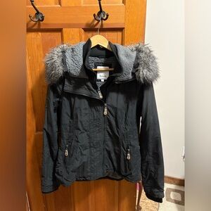 Bench Women's Black and Gray Ski Jacket with Faux Fur Hood